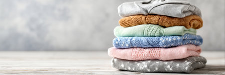 Soft pastel baby clothes stacked neatly on a wooden surface create a serene atmosphere, perfect for a nursery or baby clothing display in a cozy setting.の素材