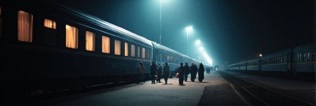 Travelers gather at a dimly lit train station, boarding a night train as fog hangs in the air, creating a cinematic atmosphere during evening hours.の素材