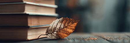 A stack of various books sits neatly on a wooden surface with a dried leaf used as a bookmark, creating a warm, inviting atmosphere for reading.の素材