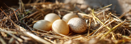 A collection of eggs lies nestled within a heap of hay, partially covered and illuminated by gentle natural light, creating a serene atmosphere.の素材
