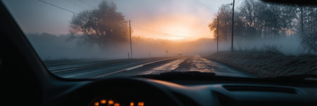 Driving on a winding road at dawn with thick fog enveloping the landscape, while the sun slowly rises, casting a warm glow through the mist.の素材