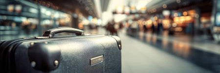 A suitcase handle is prominently displayed against a blurred background of an airport terminal filled with travelers and lights.の素材