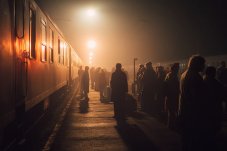 Passengers with luggage gather at a dimly lit station, preparing to board a night train amidst a foggy ambiance that enhances the cinematic atmosphere.の素材