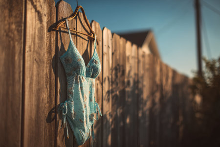 A colorful swimsuit flaps gently on a wooden fence, catching the evening wind as the sun sets, casting soft shadows around the scene.の素材