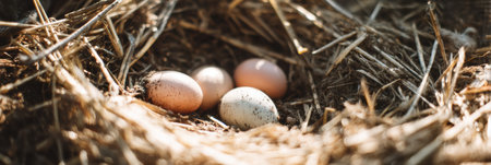A cluster of speckled eggs sits half-buried in a warm pile of hay, illuminated by soft natural light, showing the tranquility of early spring.の素材