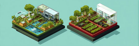 Tiny smart farm features hydroponic veggies in an isometric layout, blending sustainability and greenery for efficient farming.の素材
