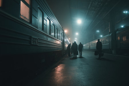 Travelers make their way onto a night train, illuminated by soft lighting in a dimly lit station, evoking a sense of adventure and anticipation.の素材