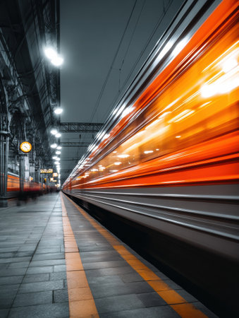 Train speeds past with a gust of motion, leaving a trail of light as travelers await at a bustling station during the nighttime hours.の素材