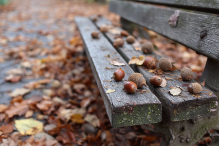 Bright autumn leaves and acorns blanket the ground and park bench, evoking a peaceful atmosphere in this neighborhood park on a cool day.の素材