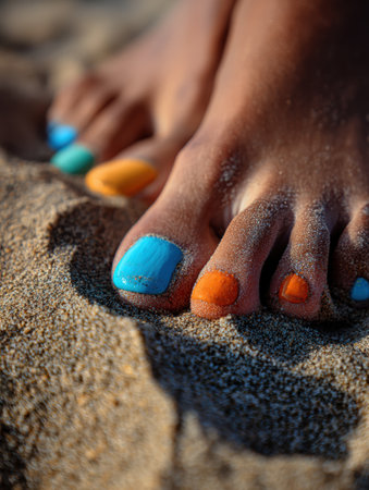 Brightly colored toenails in shades of blue and orange are nestled in fine beach sand, reflecting the warmth of a sunny day by the ocean.の素材