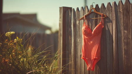Bright coral swimsuit is suspended on a rustic wooden fence, gently swaying in the breeze under a clear blue sky, evoking a warm summer day.の素材