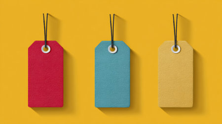 Three simple product tags in red, blue, and yellow are hanging against a bright yellow background, ideal for marketing or design projects.の素材