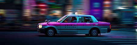 Bright neon lights illuminate the bustling streets of futuristic Tokyo as a vibrant taxi races by, capturing the energy of the city at night.の素材