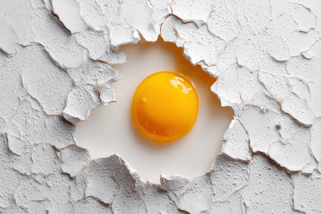 Delicate texture of a cracked egg reveals a vibrant yolk against a clean white backdrop, emphasizing the beauty of simplicity and color contrast.の素材