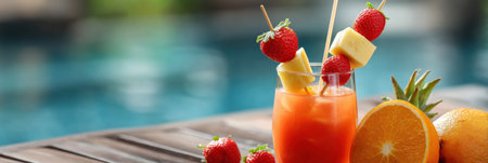 A refreshing tropical drink is served in a clear glass with a paper straw, garnished with colorful fruit skewers, set on a wooden table by the pool.の素材