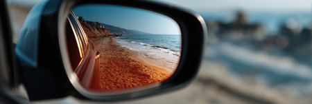 Relaxing by the beach, the golden sands and gentle waves reflect beautifully in the side mirror sunglasses, creating a serene coastal atmosphere.の素材