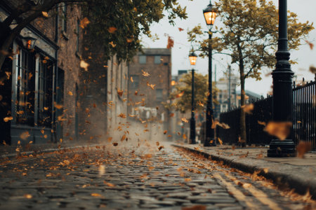 Autumn leaves dance across the cobblestone street as the wind picks up, while street lamps cast a warm glow on a peaceful urban scene.の素材
