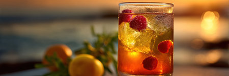 A refreshing iced drink with raspberries and citrus fruits captures the warm glow of sunset, creating a vibrant atmosphere by the beach.の素材