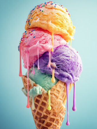 A waffle cone filled with vibrant scoops of ice cream in various flavors slowly melts as colorful drips cascade downwards under a sunny atmosphere.の素材