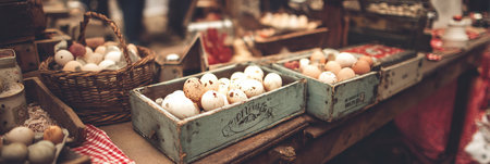 Brightly colored eggs are arranged in old-fashioned boxes at a vibrant market booth, attracting customers at a lively outdoor event during the day.の素材
