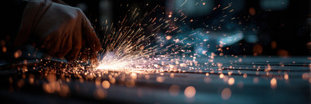 Sparks fly as a welder skillfully works on metal, the bright light contrasting with the surrounding darkness in a workshop environment.の素材