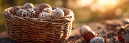A wicker basket rests on a wooden surface, filled with speckled eggs, as warm sunlight filters through trees creating a serene, inviting atmosphere.の素材