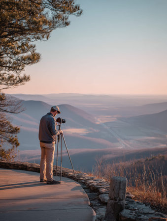 A man adjusts his camera tripod to capture the expansive view of mountains and valleys at a scenic overlook during the tranquil morning hours.の素材