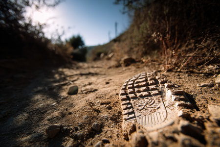 Fresh trail shoe print on a dusty path shows evidence of recent activity while sunlight highlights the textures of the terrain in the peaceful outdoors.の素材