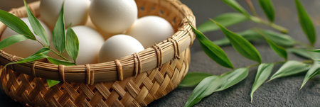 Nestled among green leaves, a bamboo basket holds fresh raw eggs, exuding a tranquil zen vibe that enhances the organic beauty of the scene.の素材