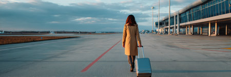 A woman strolls toward the airport terminal, pulling her suitcase along the pavement under a partly cloudy afternoon sky.の素材