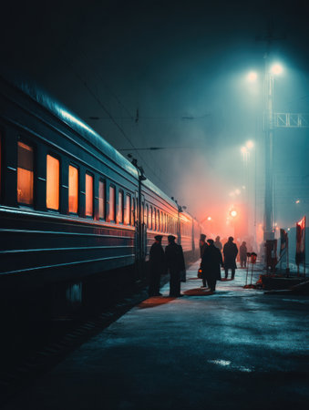 Passengers eagerly board a night train at a train station, surrounded by soft, cinematic lighting highlighting the rustic train cars and misty ambiance.の素材