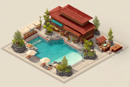 Relax at a unique spa and pool retreat featuring elegant architecture, outdoor lounge areas, and tranquil water elements, perfect for rejuvenation and escape.の素材