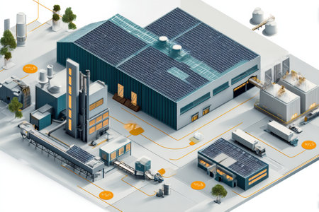 The eco-factory uses solar panels and advanced tech for sustainable production and minimal environmental impact.の素材