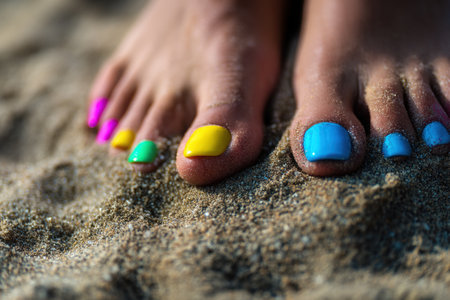 Brightly painted toenails sit playfully in warm beach sand, showcasing a fun selection of colors perfect for a relaxing summer day by the ocean.の素材