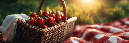 A picnic basket overflows with ripe strawberries, accompanied by a napkin, basking in sunlight on a checkered blanket amidst lush greenery.の素材