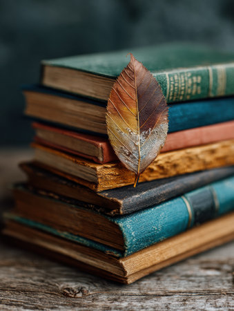 A collection of well-worn vintage books is stacked neatly, adorned with a delicate dried leaf serving as a natural bookmark in a rustic environment.の素材