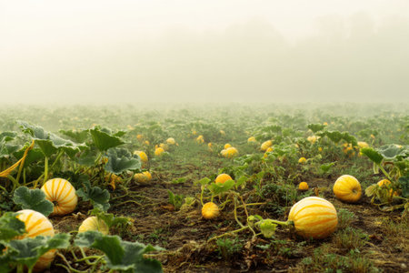 Soft morning fog creates a serene atmosphere in a pumpkin patch filled with colorful pumpkins awaiting harvest in the rural countryside.の素材