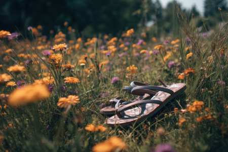 Abandoned sandals rest among vibrant meadow flowers, capturing a moment of tranquility in nature under a serene, sunny sky.の素材
