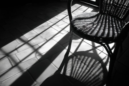 Sunlight filters through a window, creating beautiful shadow patterns from a wicker chair onto a tiled floor, enhancing the cozy ambiance of the room.の素材
