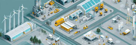 An eco-factory integrates clean energy technologies like wind and solar power, showcasing advanced manufacturing processes and sustainable practices.の素材