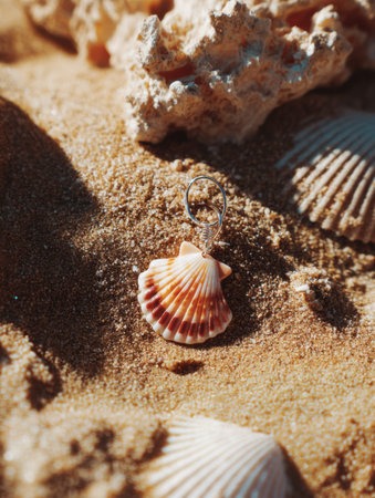 A delicate seashell earring lies on warm sand, blending with surrounding grains and scattered shells, capturing the essence of a coastal escape.の素材