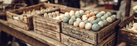 Colorful eggs are neatly arranged in rustic wooden boxes at a market booth, attracting customers during a vibrant outdoor market day filled with activity.の素材