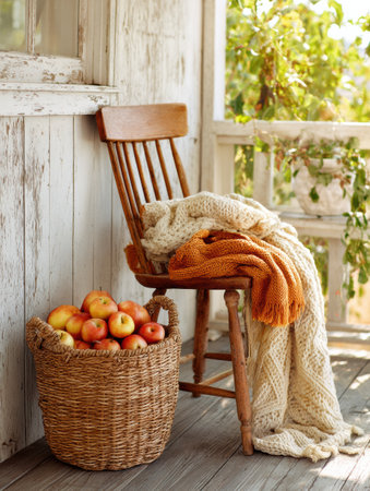 Cozy wooden chair is draped with a soft knit throw, paired with a basket overflowing with fresh apples, enhancing the inviting atmosphere of the porch.の素材