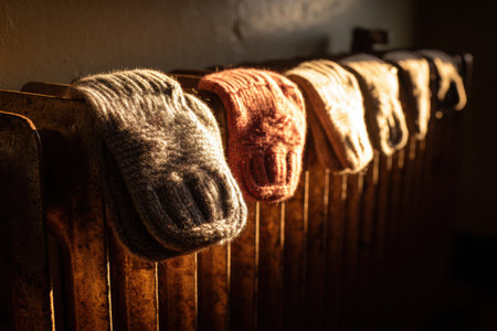 Wool mittens rest on a vintage radiator, soaking up warm light in a charming interior setting on a chilly day, adding comfort to the atmosphere.の素材