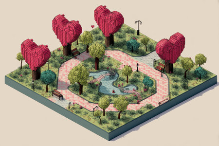 Enjoy a charming park designed for Valentines Day with heart-shaped trees, a flowing pond, and benches, perfect for lovers to relax together.の素材