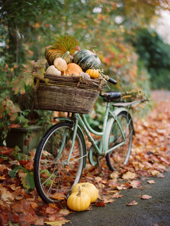 A vintage bicycle with a wicker basket overflowing with pumpkins and vibrant leaves is parked on a charming pathway blanketed in autumn foliage.の素材