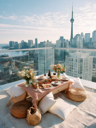 Set on a rooftop, a beautifully arranged picnic showcases delicious food and drinks against a stunning city skyline under a vibrant sky at sunset.の素材