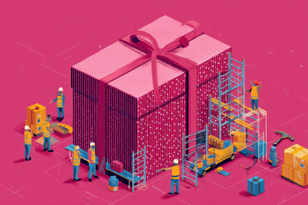 In a lively warehouse space, workers collaborate to construct a large gift box, utilizing tools and cooperation to create a festive atmosphere.の素材