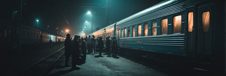 Large group gathers at a dimly lit railway station, boarding a night train amidst glowing windows and atmospheric lighting that enhances the excitement.の素材