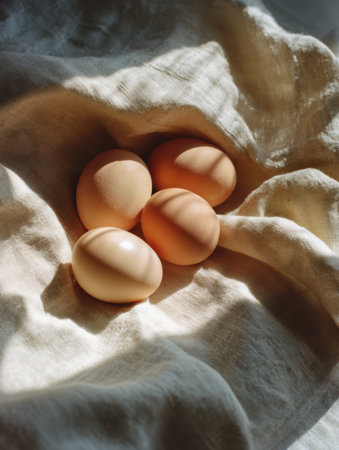 Soft natural light shines on a group of eggs resting gently in a linen towel, embodying a warm country aesthetic ideal for a rustic kitchen.の素材